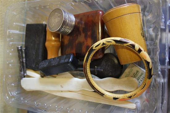 Silver coin box, horn box, silver stag figure, Tunbridgeware, etc.